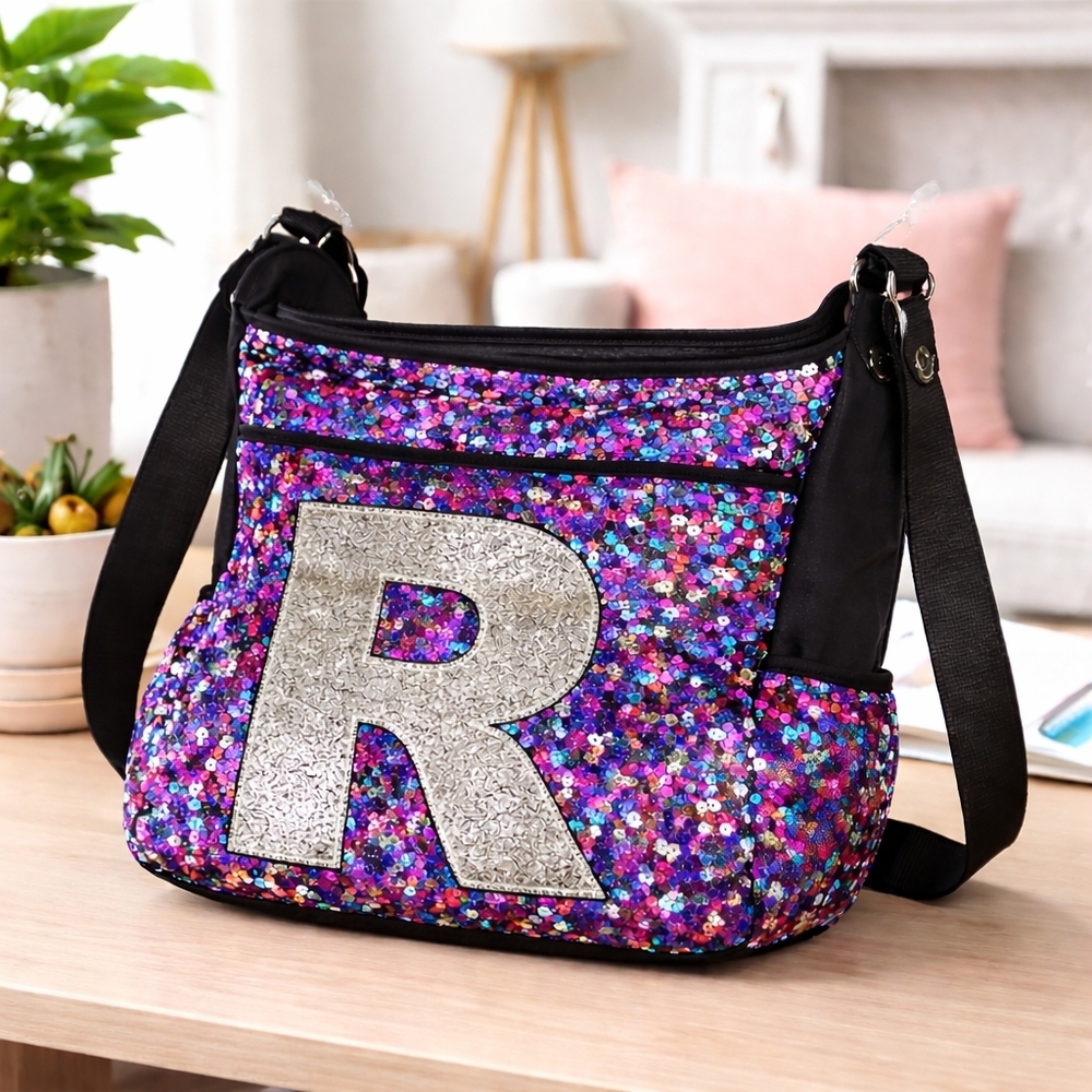 Justice Girls Black Messenger Bag Purple Silver Sequin Initial “R” Crossbody - Picture 2 of 16
